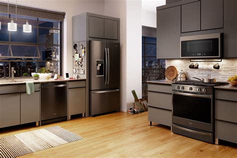 grey cabinets with black stainless steel appliances|black stainless steel kitchen colors.